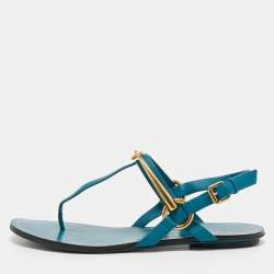 Pre Owned Gucci Blue LeatherThong Ankle Strap Flat Sandals Size 35.5