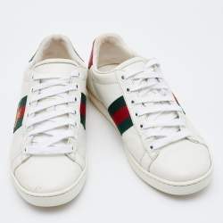 Pre Owned Gucci White Leather Web Detail Bee Embroidered Ace Low Top Sneakers Size 37