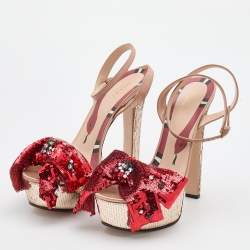 Gucci Beige/Red Sequin and Satin Bow Platform Ankle Strap Sandals Size 38