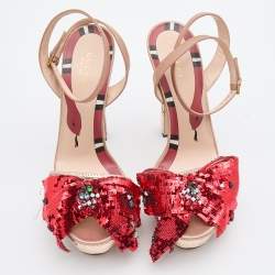 Gucci Beige/Red Sequin and Satin Bow Platform Ankle Strap Sandals Size 38