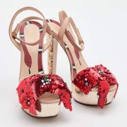 Gucci Beige/Red Sequin and Satin Bow Platform Ankle Strap Sandals Size 38