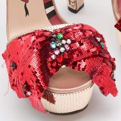 Gucci Beige/Red Sequin and Satin Bow Platform Ankle Strap Sandals Size 38