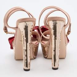 Gucci Beige/Red Sequin and Satin Bow Platform Ankle Strap Sandals Size 38
