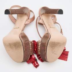Gucci Beige/Red Sequin and Satin Bow Platform Ankle Strap Sandals Size 38