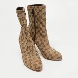 Pre Owned Gucci Brown/Beige GG Canvas Mid Calf Boots Size 40.5