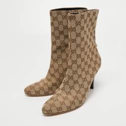 Pre Owned Gucci Brown/Beige GG Canvas Mid Calf Boots Size 40.5
