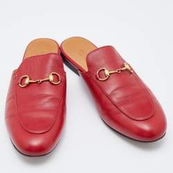 Gucci Red Leather Princetown Horsebit Flat Mules Size 39.5