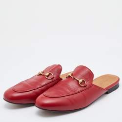 Gucci Red Leather Princetown Horsebit Flat Mules Size 39.5