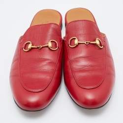 Gucci Red Leather Princetown Horsebit Flat Mules Size 39.5