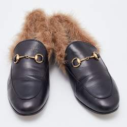 Pre Owned Gucci Black Leather and Fur Princetown Horsebit Slip On Loafers Size 39