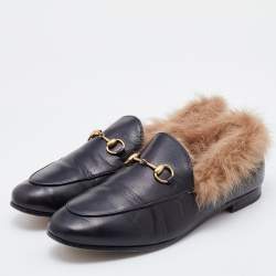 Pre Owned Gucci Black Leather and Fur Princetown Horsebit Slip On Loafers Size 39