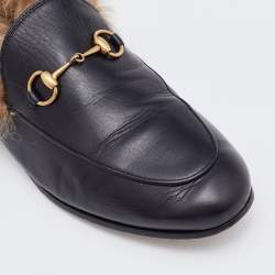 Pre Owned Gucci Black Leather and Fur Princetown Horsebit Slip On Loafers Size 39