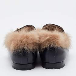 Pre Owned Gucci Black Leather and Fur Princetown Horsebit Slip On Loafers Size 39