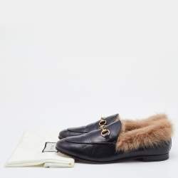 Pre Owned Gucci Black Leather and Fur Princetown Horsebit Slip On Loafers Size 39