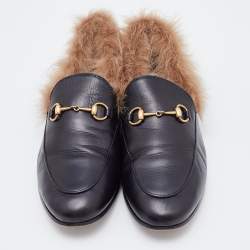 Pre Owned Gucci Black Leather and Fur Princetown Horsebit Slip On Loafers Size 39