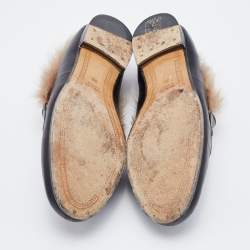 Pre Owned Gucci Black Leather and Fur Princetown Horsebit Slip On Loafers Size 39