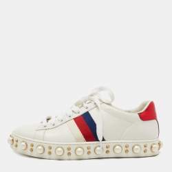 Gucci White Leather Pearl Embellished Ace Sneakers Size 35