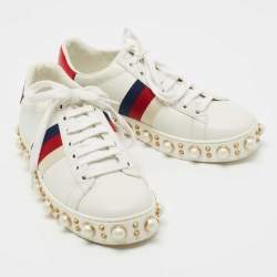 Gucci White Leather Pearl Embellished Ace Sneakers Size 35