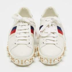 Gucci White Leather Pearl Embellished Ace Sneakers Size 35