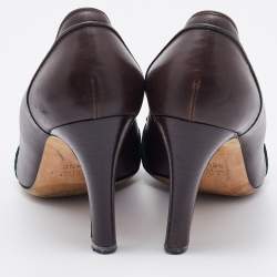 Pre Owned Gucci Dark Brown Leather Web Detail Loafer Pumps Size 38.5