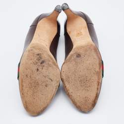 Pre Owned Gucci Dark Brown Leather Web Detail Loafer Pumps Size 38.5