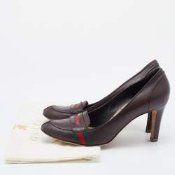 Pre Owned Gucci Dark Brown Leather Web Detail Loafer Pumps Size 38.5