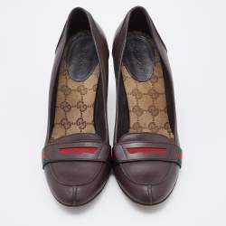 Pre Owned Gucci Dark Brown Leather Web Detail Loafer Pumps Size 38.5