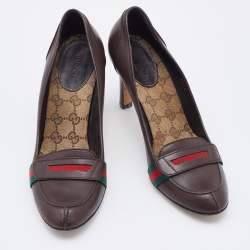 Pre Owned Gucci Dark Brown Leather Web Detail Loafer Pumps Size 38.5