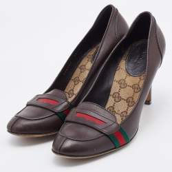 Pre Owned Gucci Dark Brown Leather Web Detail Loafer Pumps Size 38.5