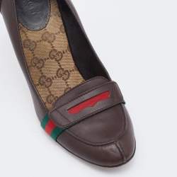 Pre Owned Gucci Dark Brown Leather Web Detail Loafer Pumps Size 38.5