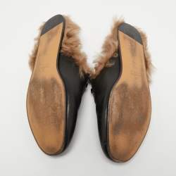 Pre Owned Gucci Black Leather and Fur Princetown Flat Mules Size 38