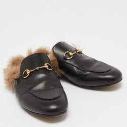 Pre Owned Gucci Black Leather and Fur Princetown Flat Mules Size 38