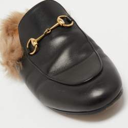 Pre Owned Gucci Black Leather and Fur Princetown Flat Mules Size 38