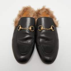 Pre Owned Gucci Black Leather and Fur Princetown Flat Mules Size 38