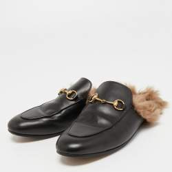 Pre Owned Gucci Black Leather and Fur Princetown Flat Mules Size 38