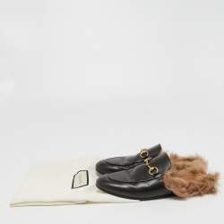 Pre Owned Gucci Black Leather and Fur Princetown Flat Mules Size 38