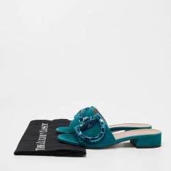 مملوكة مسبقًا Gucci Teal Suede Maxime Crystal Horsebit Slide Sandals Size 35