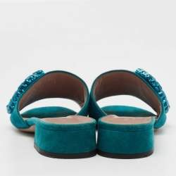 مملوكة مسبقًا Gucci Teal Suede Maxime Crystal Horsebit Slide Sandals Size 35