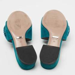 مملوكة مسبقًا Gucci Teal Suede Maxime Crystal Horsebit Slide Sandals Size 35