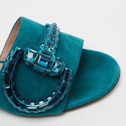 مملوكة مسبقًا Gucci Teal Suede Maxime Crystal Horsebit Slide Sandals Size 35