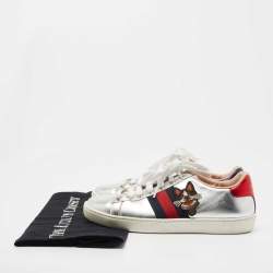 Gucci Silver Leather Embroidered Ace Sneakers Size 35