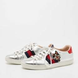 Gucci Silver Leather Embroidered Ace Sneakers Size 35