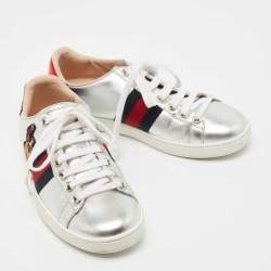 Gucci Silver Leather Embroidered Ace Sneakers Size 35