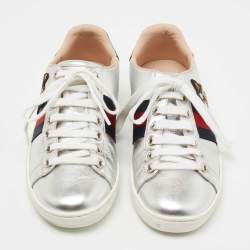 Gucci Silver Leather Embroidered Ace Sneakers Size 35