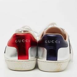 Gucci Silver Leather Embroidered Ace Sneakers Size 35