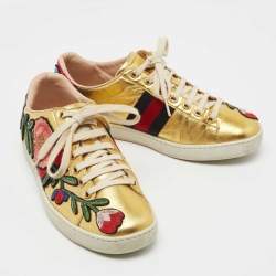 Gucci Gold Python Embossed Leather and Leather Floral Embroidered Ace Low Top Sneakers Size 37