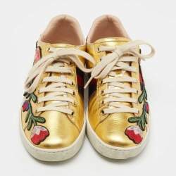 Gucci Gold Python Embossed Leather and Leather Floral Embroidered Ace Low Top Sneakers Size 37
