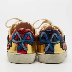 Gucci Gold Python Embossed Leather and Leather Floral Embroidered Ace Low Top Sneakers Size 37