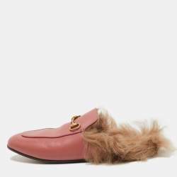 Gucci Pink Leather and Fur Princetown Mules Size 38