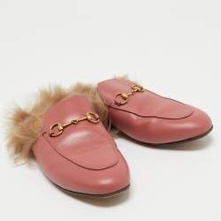 Gucci Pink Leather and Fur Princetown Mules Size 38
